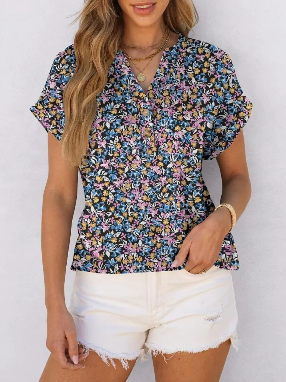 Women's Blue Purple Summer Short Sleeve Henley V Neck Dressy Fashion Top Blouses - Picture 3 of 6